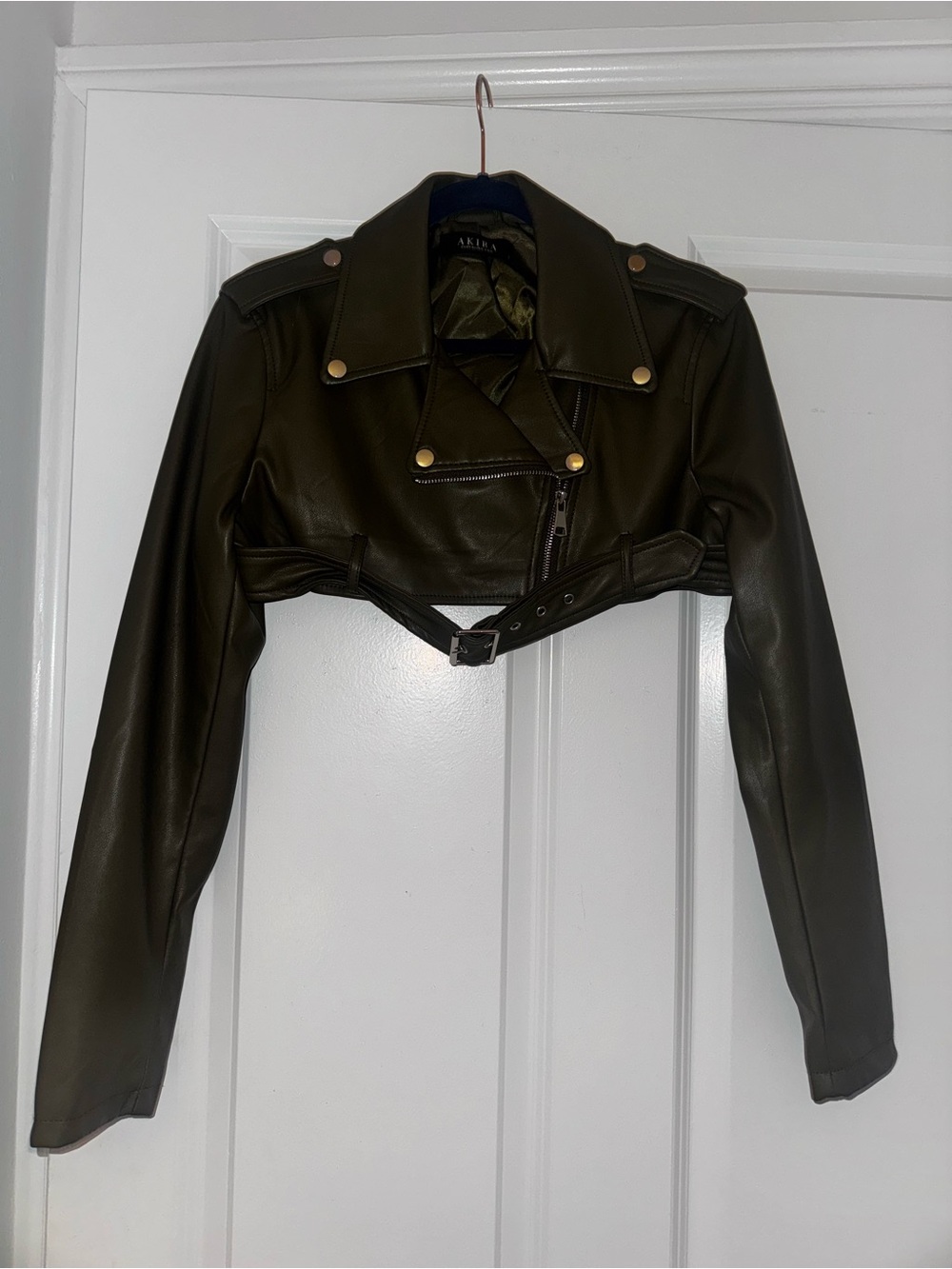 AKIRA Cropped Olive Faux Leather Moto Jacket with Gold Hardware
